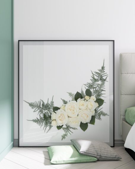 Elegant floral preservation artwork featuring delicate white roses and lush green ferns beautifully arranged against a minimalist white back