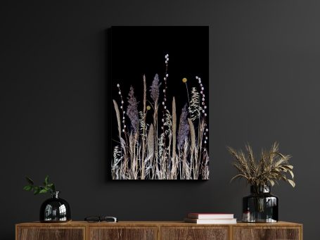 Stylish home decor featuring bespoke floral preservation artwork, capturing memories and delicate dried flowers on black background.