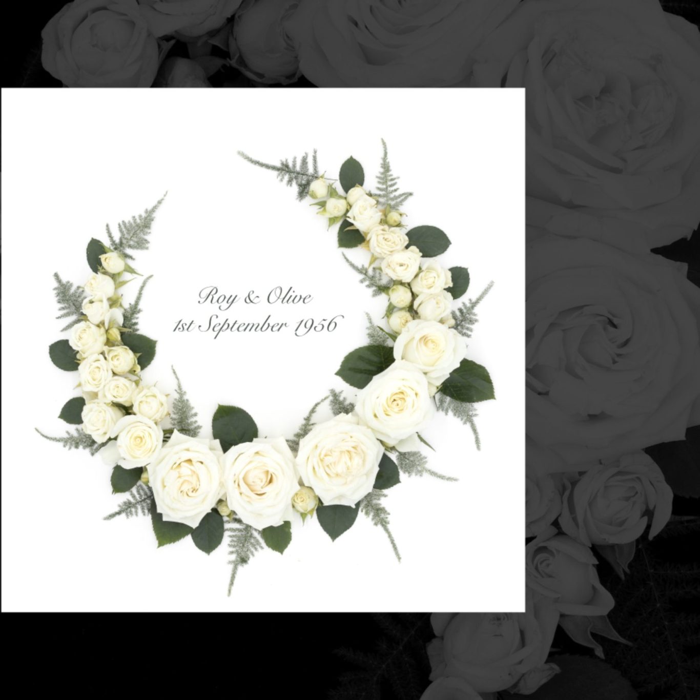 Art & Eden floral preservation artwork: circular design of fresh white roses and greenery, perfect for bespoke wedding bouquet photography.