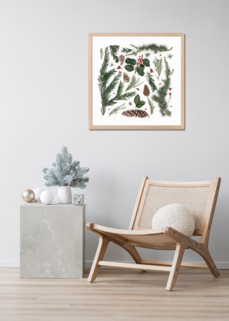 Framed botanical winter artwork featuring pine branches, holly leaves, red berries, and pinecones on a clean white background.